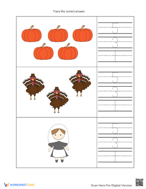 Thanksgiving Counting and Tracing Worksheet for Preschoolers