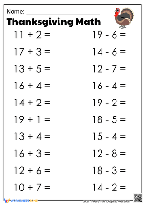 Thanksgiving Math Addition Worksheet