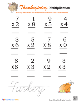 Thanksgiving Multiplication Worksheet - Turkey Theme