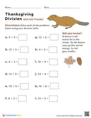 Thanksgiving Division Worksheet Practice