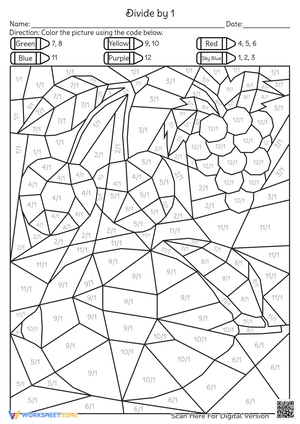 Thanksgiving Division Facts — Printable Coloring Worksheet