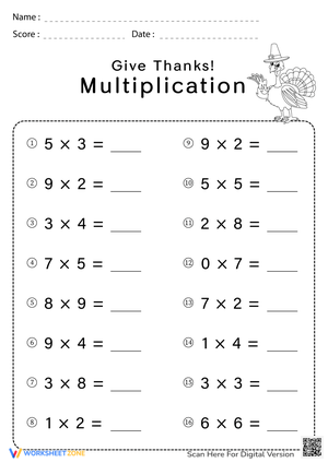 Give Thanks Multiplication Worksheet