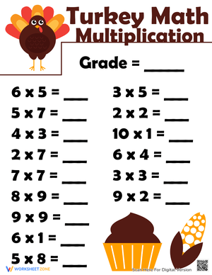 Fun Turkey Multiplication Worksheet for Thanksgiving