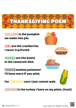 Enjoy a Festive Thanksgiving Poem Worksheet