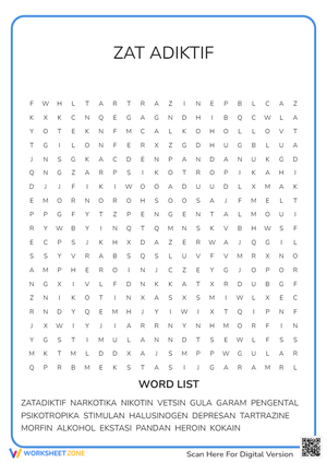 Zat Adiktif Word Search | Grade 8 Science Printable