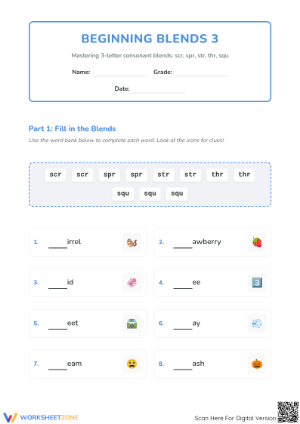 3-Letter Consonant Blends Worksheet | Grade 3 Essential