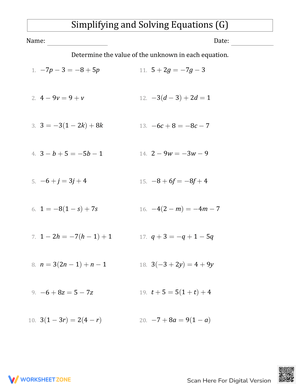 Simplifying and Solving Equations Worksheet