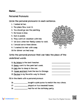 Thanksgiving Personal Pronoun Practice