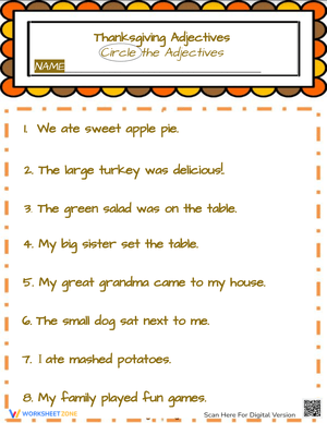Thanksgiving Adjectives Worksheet | Grade 3 Printable