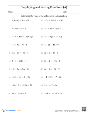 Simplify and Solve Equations Practice