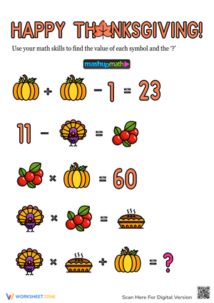 Thanksgiving Algebra Worksheet Practice