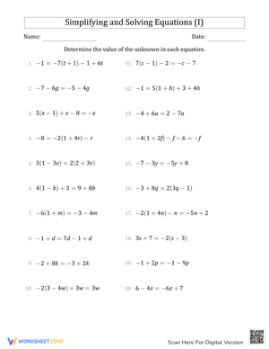 Worksheet for Simplifying and Solving Equations