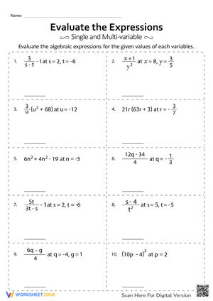 Evaluate Expressions Practice Worksheet