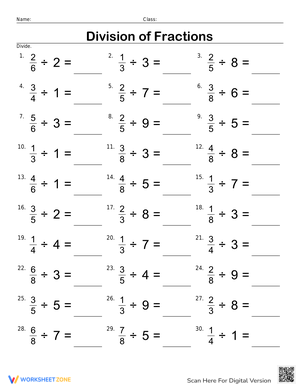 Division of Fractions by Whole Numbers Worksheet