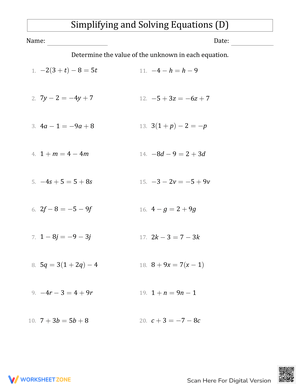 Worksheet for Simplifying Equations