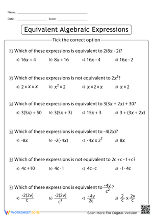 Equivalent Algebraic Expressions Worksheet