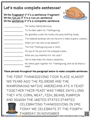 Essential Thanksgiving Sentence Writing Worksheet | Grade 4