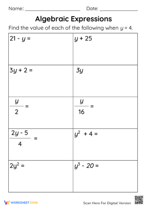 Worksheet for Understanding Algebraic Expressions