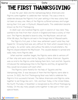 First Thanksgiving Reading Worksheet | Grade 4 Essential
