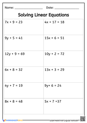 Solving Linear Equations Practice Worksheet