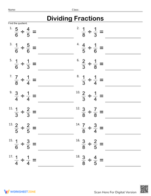Worksheet for Dividing Fractions Practice