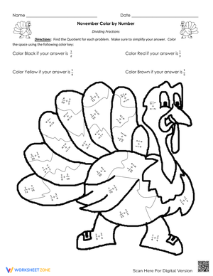 Thanksgiving Color by Number Dividing Fractions