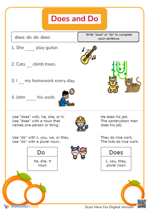 Do vs. Does Verb Agreement - Fill-in Practice for Grades 1-3