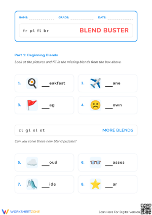 Beginning Blends Worksheet | Grade 1 ELA Printable