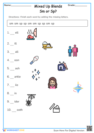 Sm or Sp? Blends Phonics Worksheet - K-1 Reading Practice