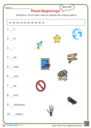 SK/ST Blends Phonics Worksheet - Beginning Sounds Practice!