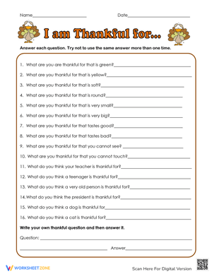 Thanksgiving Gratitude Worksheet: Answer the Questions