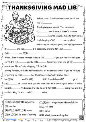 Thanksgiving Mad Libs: Festive Fill-In-The-Blank Worksheet