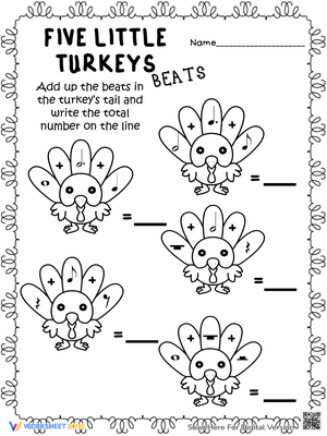 Five Little Turkeys Beats: Thanksgiving Rhythm Worksheet