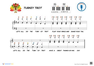 Turkey Trot Thanksgiving Song: Grand Staff Music Worksheet