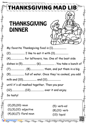 Thanksgiving Mad Libs Thanksgiving Dinner