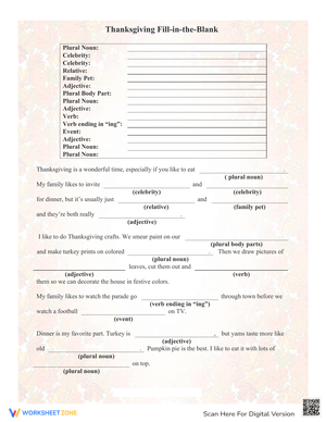 Thanksgiving Fill-in-the-Blank Worksheet