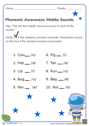 CVC Words: Find the Middle Sound - Phonemic Awareness Worksheet