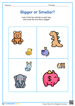 Bigger or Smaller? Size Comparison with Animals & Toys Worksheet