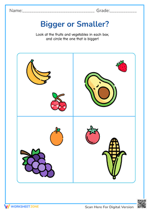 Bigger or Smaller? Fruits & Veggies Size Comparison Worksheet