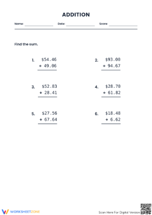 Essential Money Addition Worksheet | Grades 6-7 Math