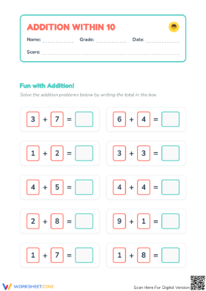 Kindergarten Addition Facts — Printable No-Prep Worksheet
