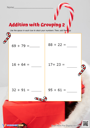 Candy Cane Addition: Grouping 2-Digit Numbers Worksheet