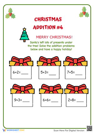 Christmas Addition Worksheet - Solve the Gift Sums! (K-1)