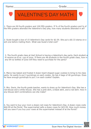 Valentine's Day Math Word Problem Worksheet