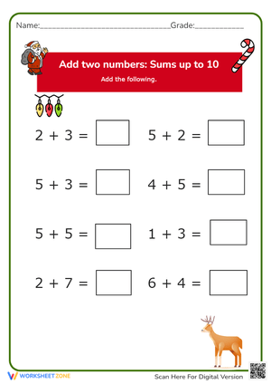 Christmas Addition Sums to 10 - Holiday Math Worksheet Fun
