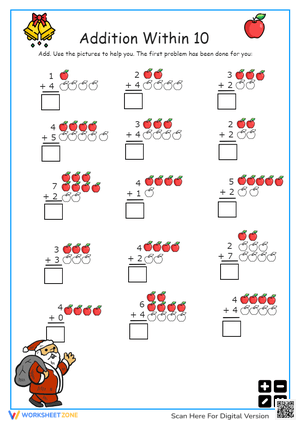 Festive Christmas Addition Within 10 Worksheet