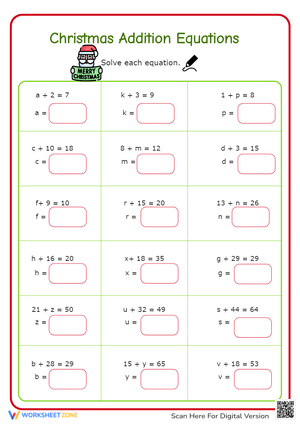 Christmas Addition Equations: Solve for the Missing Variable!