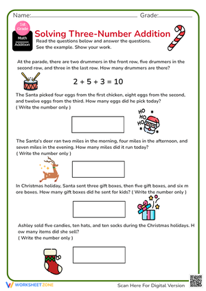 Christmas Addition: 3-Number Math Problems - 1st Grade Fun