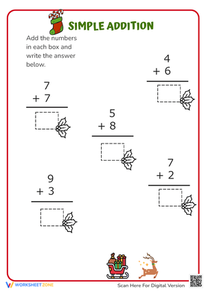 Christmas Addition Practice - Single Digit Math Worksheet for Kids
