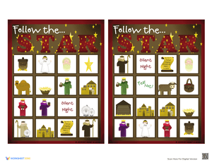 Play Follow the Star Bingo Game with Christmas Worksheet